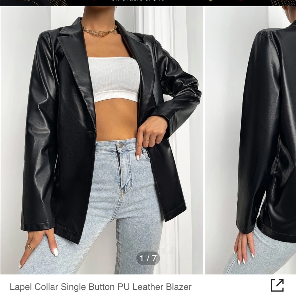 Lapel Collar Single Button PU Leather Blazer. Never worn